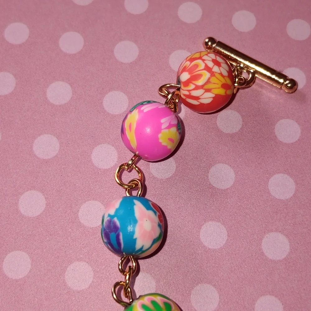 🌸HP! Colorful Floral Clay Beaded Boho Clasp  Bracelet New! - Picture 3 of 8